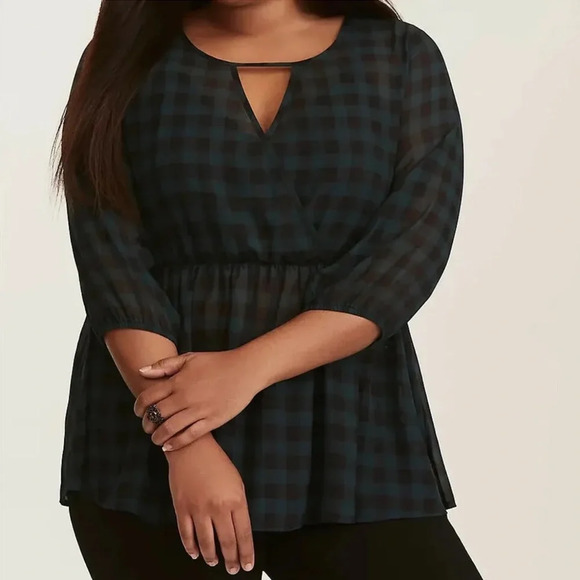 TORRID Gingham Plaid Chiffon Surplice Blouse Sheer Emerald Black - Picture 1 of 5